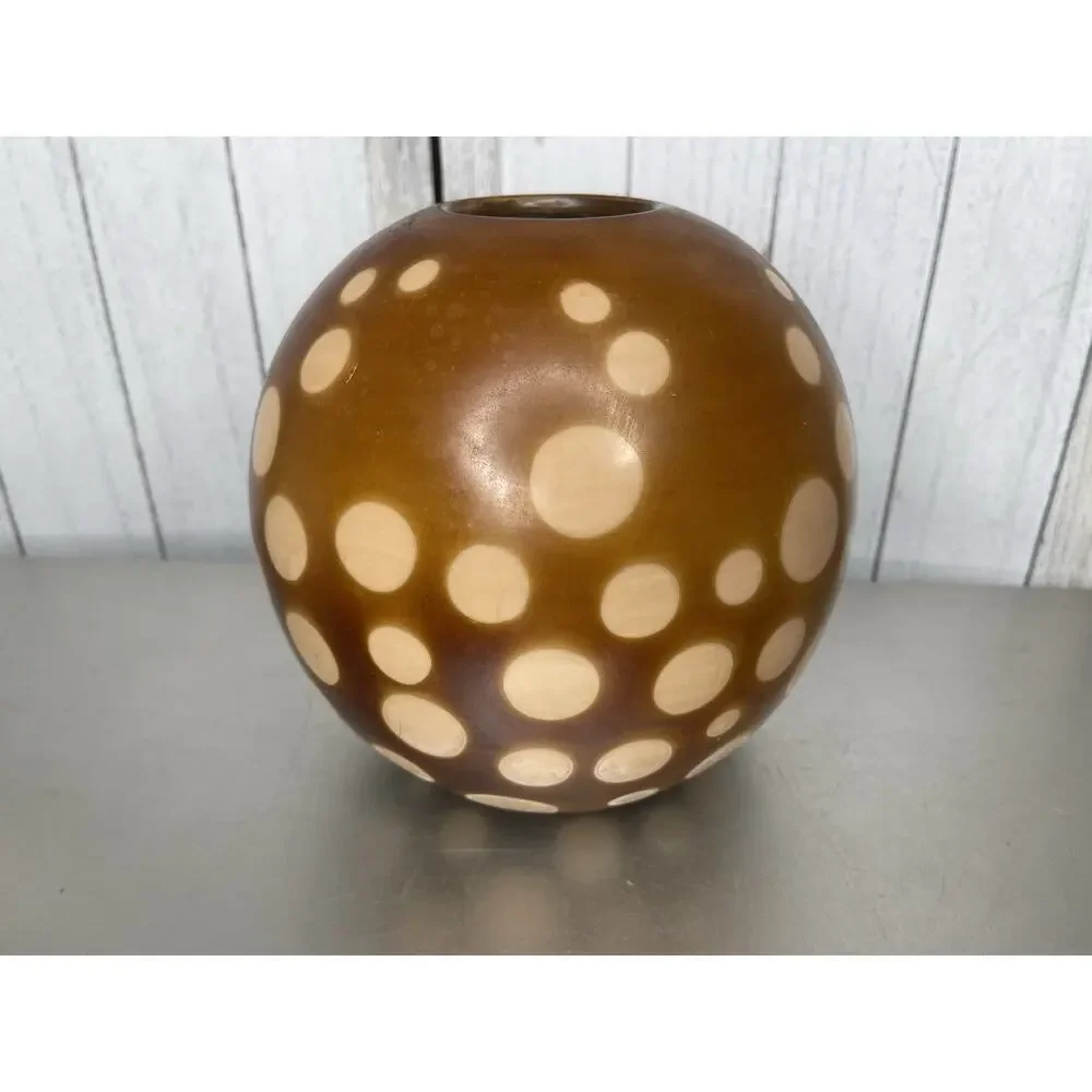 Vintage Peru Pottery Vase Pot Polka Dot Brown Art Deco Handmade
